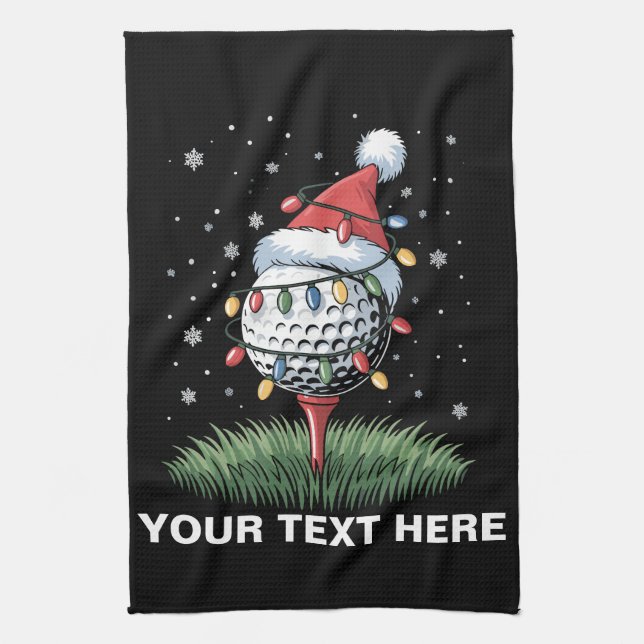 Personalised Golf Ball Christmas Tree Santa Hat  Tea Towel (Vertical)