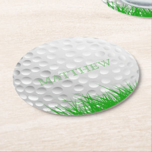 Personalised Golf Ball in Grass Round Paper Coaster