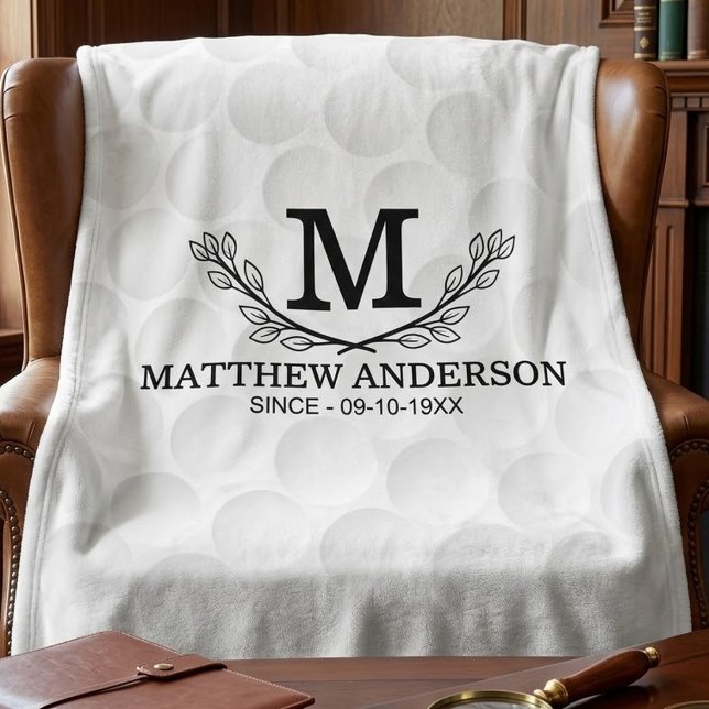 Personalised Golf Ball Pattern Name Monogram Age Fleece Blanket (Creator Uploaded)