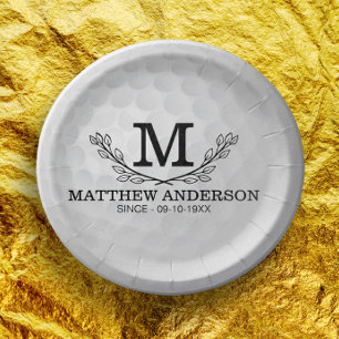 Personalised Golf Ball Pattern Name Monogram Age Paper Plate