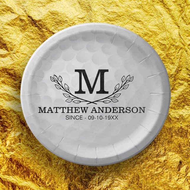 Personalised Golf Ball Pattern Name Monogram Age Paper Plate (Creator Uploaded)