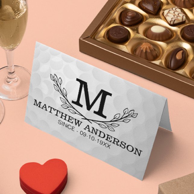 Personalised Golf Ball Pattern Name Monogram Age Place Card (Creator Uploaded)