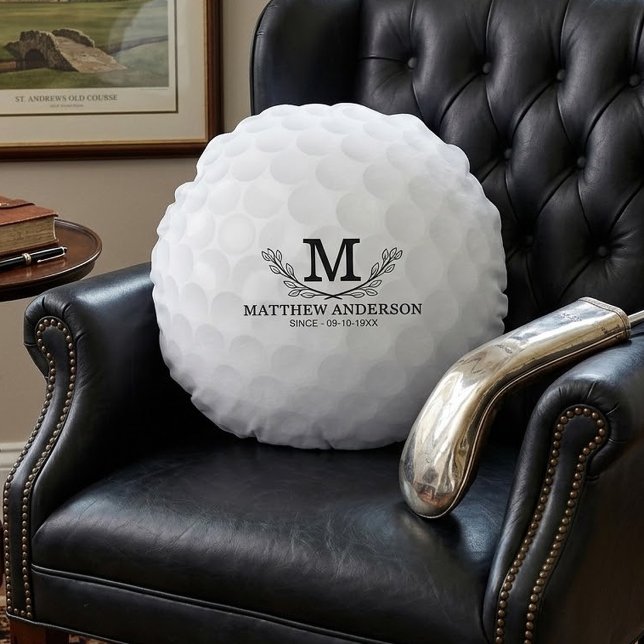 Personalised Golf Ball Pattern Name Monogram Age Round Cushion (Creator Uploaded)