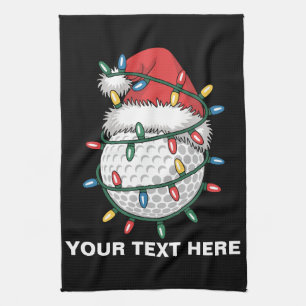 Personalised Golf Ball Santa Hat Christmas Lights Tea Towel