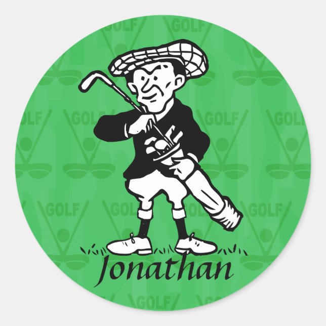 Personalised golf cartoon golfer classic round sticker (Front)