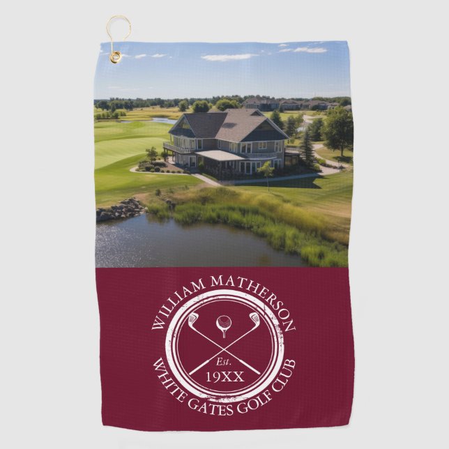 Personalised Golf Club Name And Photo Burgundy Red Golf Towel (Front)