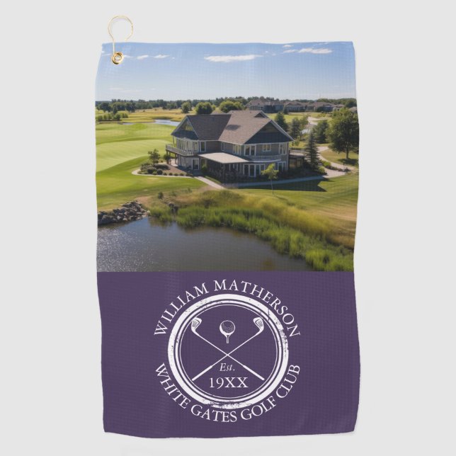 Personalised Golf Club Name And Photo Purple Golf Towel (Front)