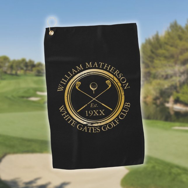 Personalised Golf Club Name Black And Gold Towel (Personalized Golf Club Name Black And Gold Golf Towel)