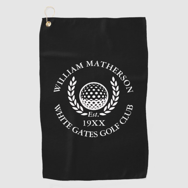 Personalised Golf Club Name Black And White Golf Towel (Front)
