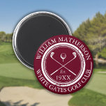 Personalised Golf Club Name Burgundy Magnet<br><div class="desc">Featuring classic crossed golf clubs,  golf ball design,  and aged stamp effect border,  these navy blue golf magnets are ideal for all golf clubs and club members. Personalise with the name of the club member,  the golf club name,  and the year the golf club was established. Designed by Thisisnotme©</div>