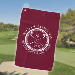 Personalised Golf Club Name Burgundy Red Golf Towel<br><div class="desc">Featuring a classic crossed golf clubs and golf ball design and aged stamp effect border,   these golf towels are ideal for all golf clubs and golf club members. Personalise with the name of the club member,  golf club name and the year the golf club was established. Designed by Thisisnotme©</div>