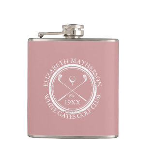 Personalised Golf Club Name Dusty Rose Pink Hip Flask