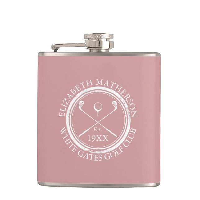 Personalised Golf Club Name Dusty Rose Pink Hip Flask (Front)