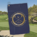 Personalised Golf Club Name Navy Blue And Gold Golf Towel<br><div class="desc">Featuring a classic crossed golf clubs and golf ball design and aged stamp effect border,   these golf towels are ideal for all golf clubs and golf club members. Personalise with the name of the club member,  golf club name and the year the golf club was established. Designed by Thisisnotme©</div>