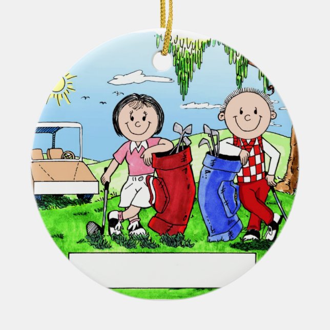 Personalised Golf Couple Cartoon Caricature Ceramic Tree Decoration (Front)