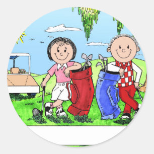 Personalised Golf Couple Cartoon Caricature Classic Round Sticker