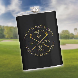 Personalised Golf Hole in One Black And Gold Hip Flask
