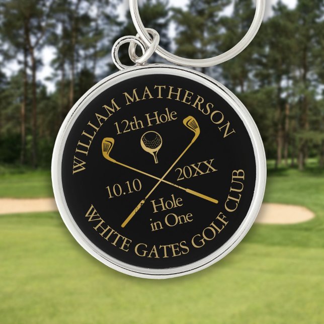 Personalised Golf Hole in One Black And Gold Key Ring (Personalized Golf Hole in One Black And Gold Keychain)