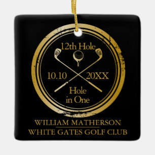 Personalised Golf Hole in One Retro Black And Gold Ceramic Ornament