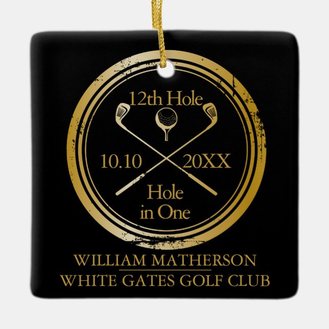 Personalised Golf Hole in One Retro Black And Gold Ceramic Ornament (Front)