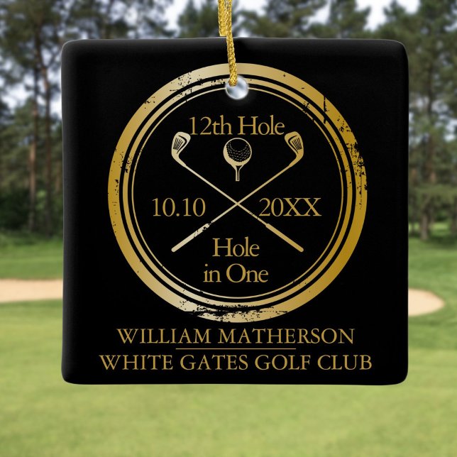 Personalised Golf Hole in One Retro Black And Gold Ceramic Ornament (Personalized Golf Hole in One Retro Black And Gold Ceramic Ornament)