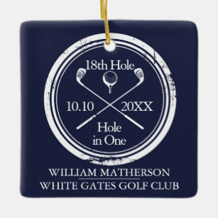 Personalised Golf Hole in One Retro Navy Blue Ceramic Ornament