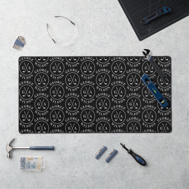 Personalised Golf Monogram Black Custom Name Desk Mat (Workstation)