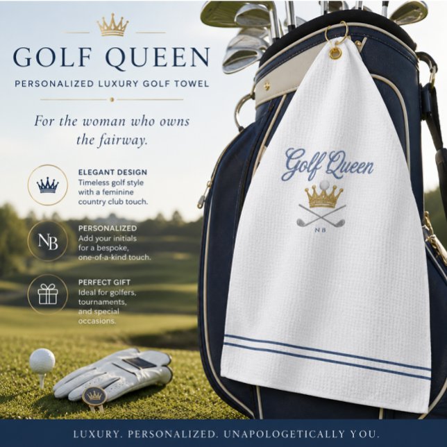 Personalised Golf Queen Towel | Luxury Ladies Golf (Luxury personalized golf towel with elegant country club styling for stylish women golfers.)