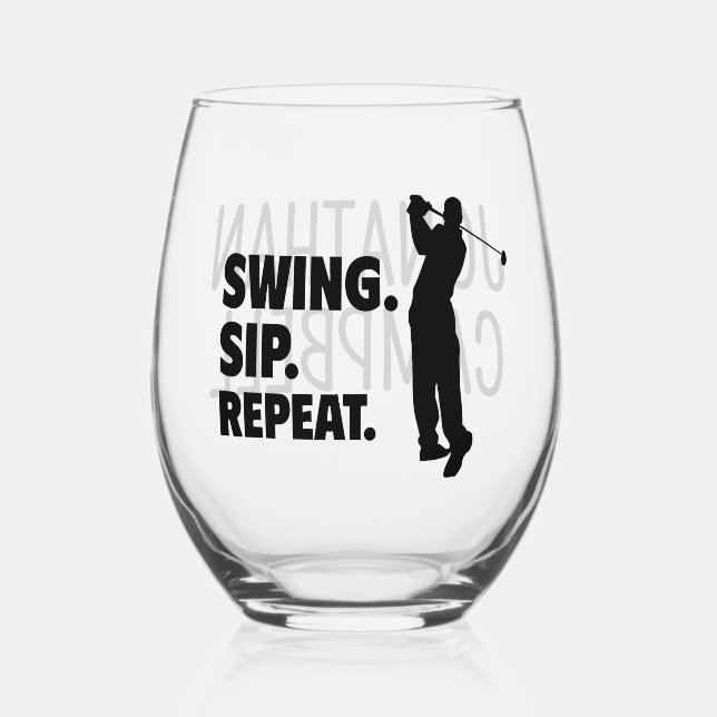 Personalised Golf Swing Sip Repeat Stemless Wine Glass (Front)