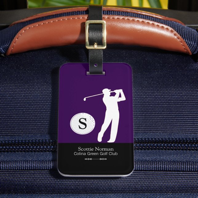Personalised Golfer Monogram Purple Luggage Tag (Front Insitu 2)