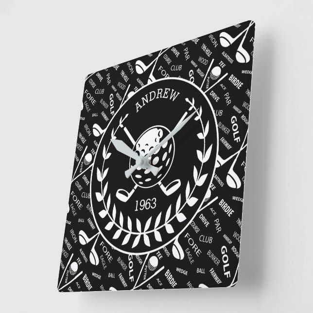 Personalised golfer stylish golf logo square wall clock (Angle)