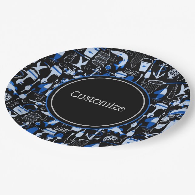 Personalised Gone Fishing Blue Pattern Paper Plate (Angled)
