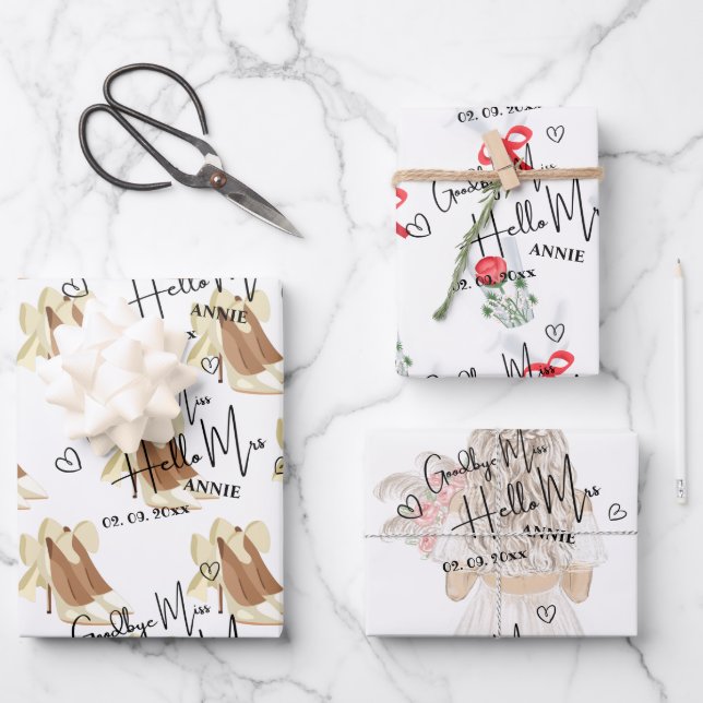 Personalised Goodbye Miss Hello Mrs Bridal Shower Wrapping Paper Sheet (Front)