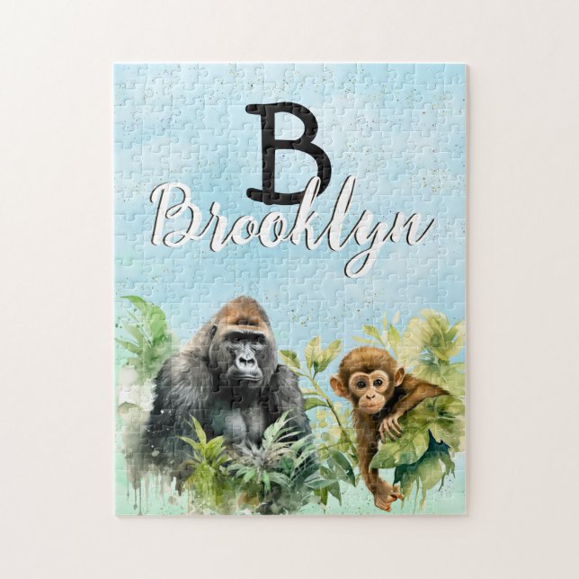 Personalised Gorilla Chimpanzee Jungle Monogram Jigsaw Puzzle (Vertical)