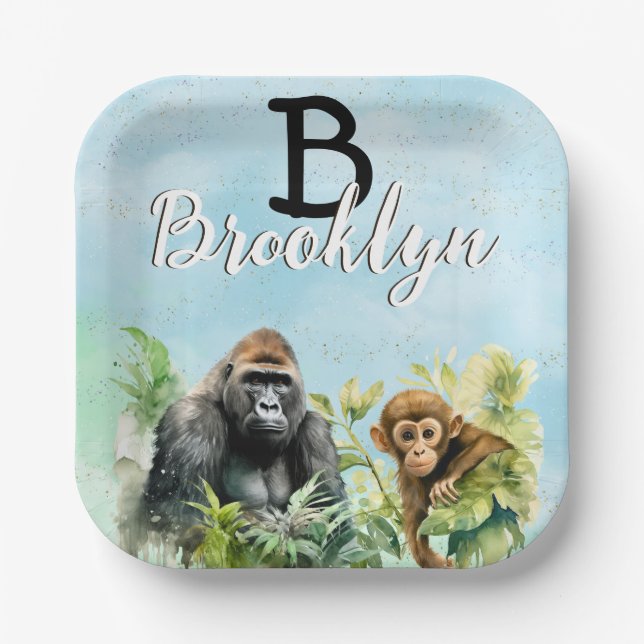 Personalised Gorilla Chimpanzee Jungle Monogram Paper Plate (Front)