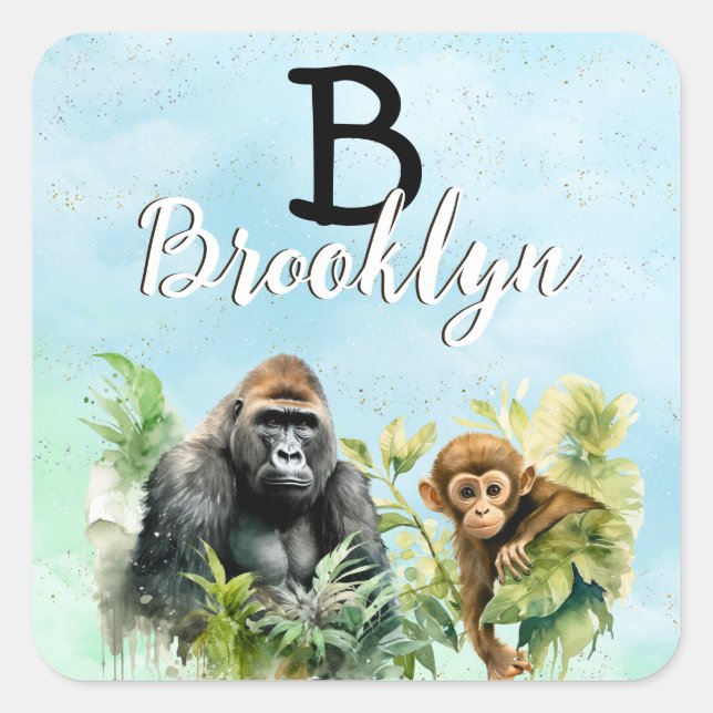 Personalised Gorilla Chimpanzee Jungle Monogram Square Sticker (Front)