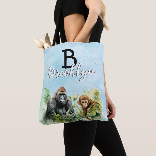 Personalised Gorilla Chimpanzee Jungle Monogram Tote Bag (Close Up)