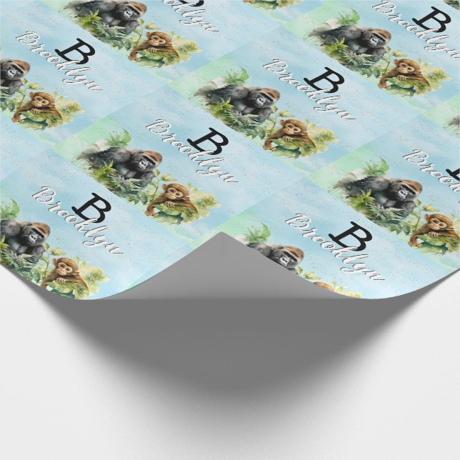 Personalised Gorilla Chimpanzee Jungle Monogram Wrapping Paper (Corner)