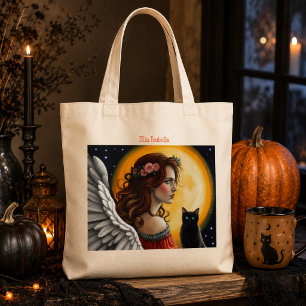 Personalised Gothic Angel Black Cat Full Moon Hall Tote Bag