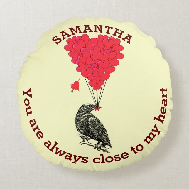 Personalised gothic crow and red valentines heart round cushion (Front)