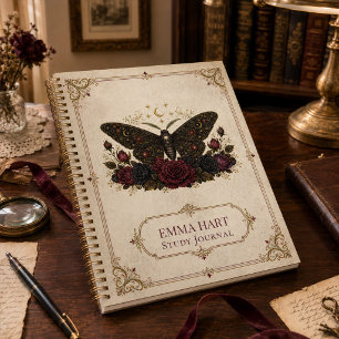 Personalised Gothic Moth Roses Dark Academia Notebook