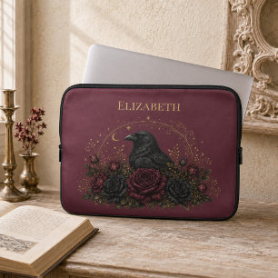 Personalised Gothic Raven Burgundy Roses Laptop Sleeve