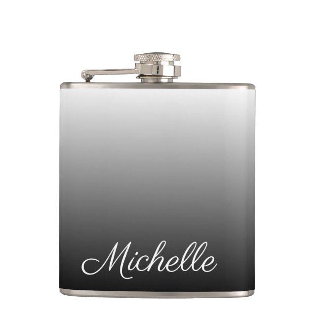 Personalised gradient ombre black shades of grey hip flask (Front)