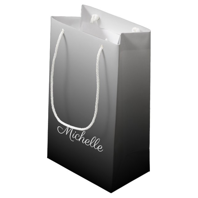 Personalised gradient ombre black shades of grey small gift bag (Back Angled)