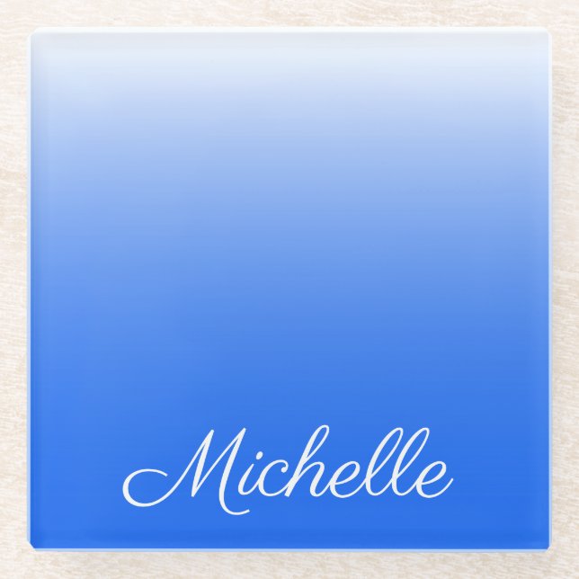 Personalised gradient ombre electric blue glass coaster (Front)
