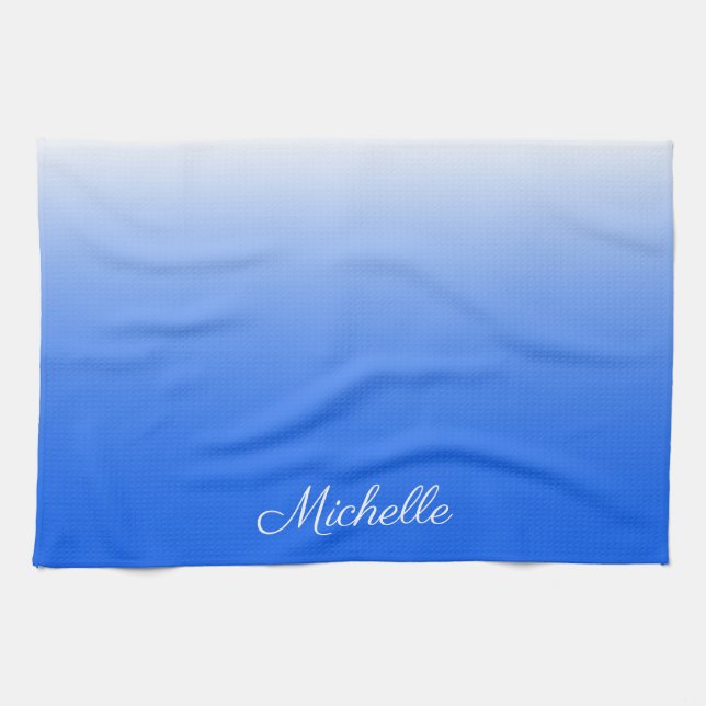 Personalised gradient ombre electric blue tea towel (Horizontal)