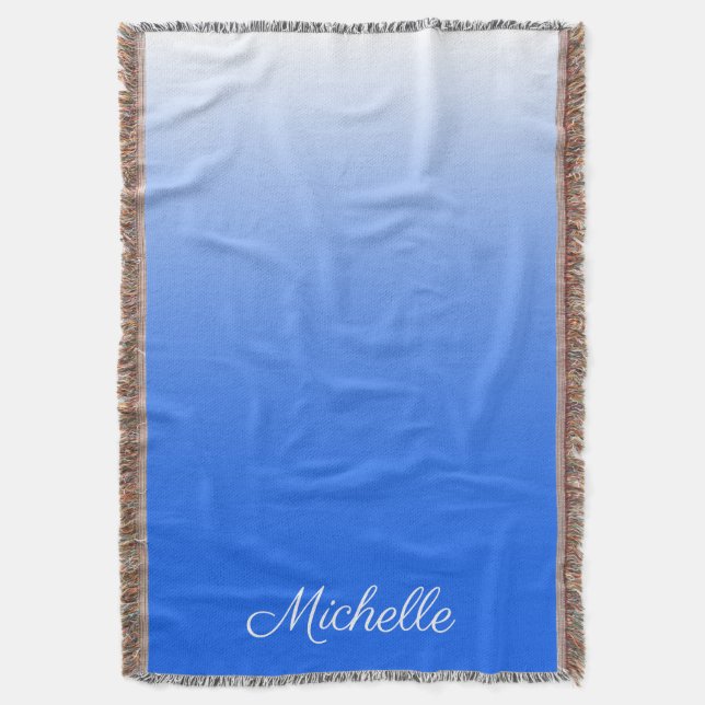 Personalised gradient ombre electric blue throw blanket (Front Vertical)