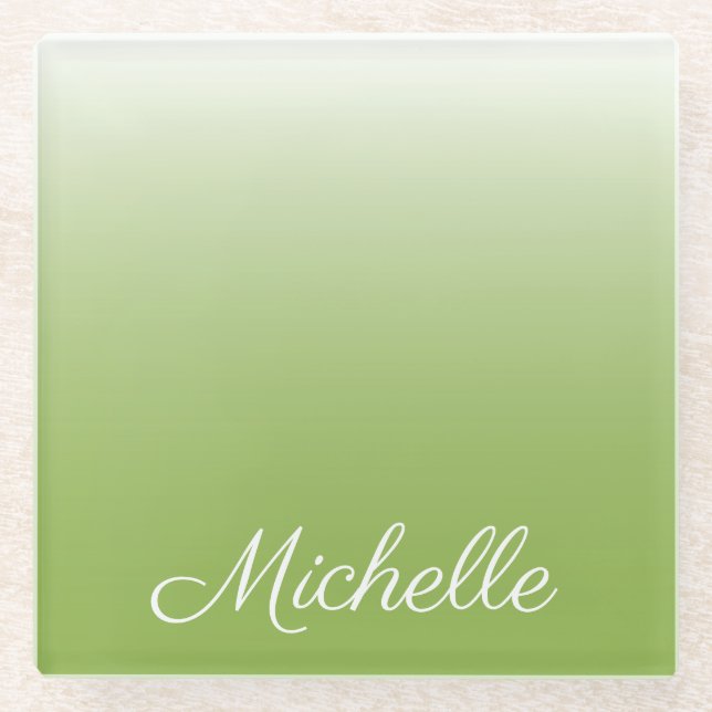 Personalised gradient ombre greenery green glass coaster (Front)