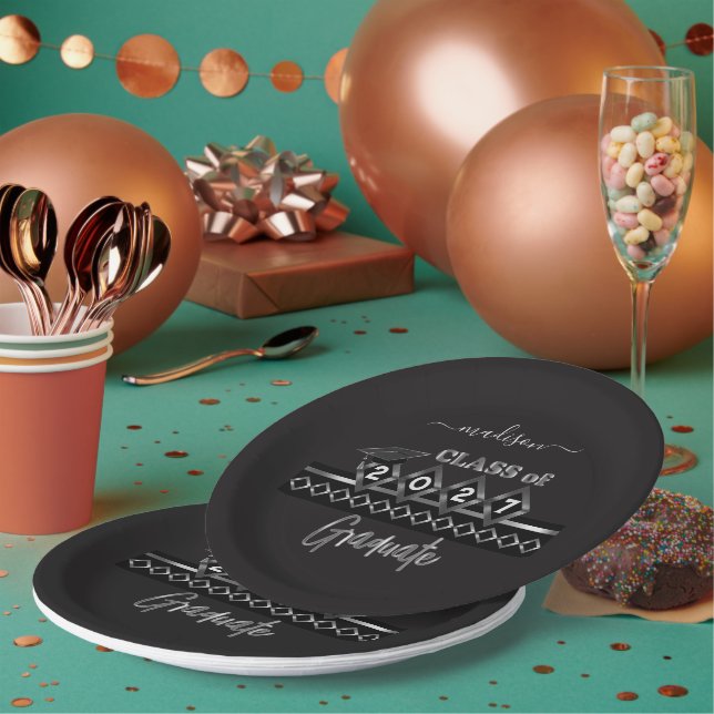 Personalised Graduate - Black and Silver Paper Plate (Multi)
