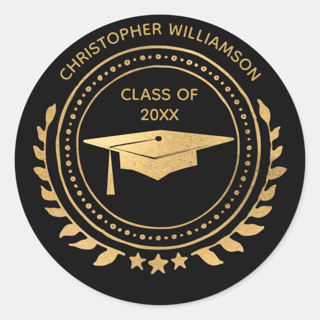 Personalised Graduate Black Gold Classic Monogram Classic Round Sticker (Front)